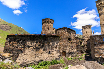 Picturesque and gorgeous scene. Rock tower in Ushguli - the highest inhabited village in Europe