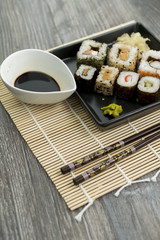 Set of sushi and chopsticks, traditional asian dishes.