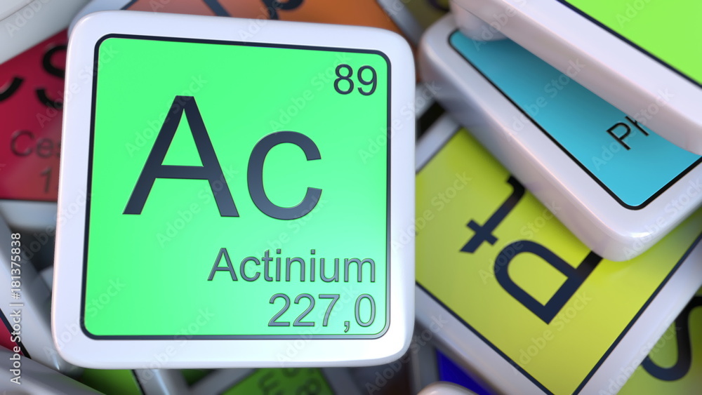 Poster actinium ac block on the pile of periodic table of the chemical elements blocks. 3d rendering