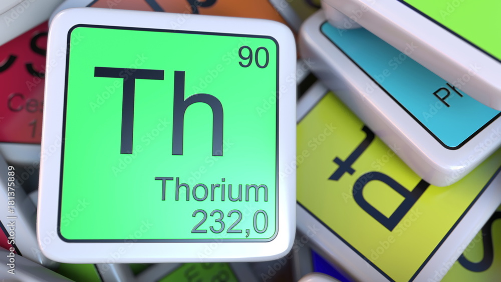 Poster thorium th block on the pile of periodic table of the chemical elements blocks. 3d rendering