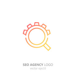 Logo of the seo agency. Magnifying glass with gear. Search and setup