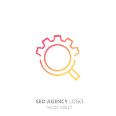 Logo of the seo agency. Magnifying glass with gear. Search and setup