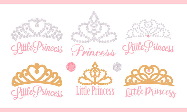 A set of small diadems. Vector design element for royal party ( baby, bridal shower; wedding: birthday) Princess gold crown with gem. Golden silhouettes for laser cutting. Stickers of diamonds. Gems