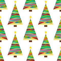 A festive background with Christmas tree. A seamless pattern with yellow stars and Christmas tree. Winter holidays design. Christmas tree with various textures for festive design.