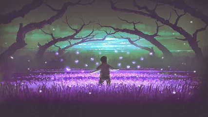 Tuinposter prachtig nachtlandschap met een jongen die in de tuin van paarse bloemen staat met gloeiende insecten, digitale kunststijl, illustratie, schilderkunst © grandfailure