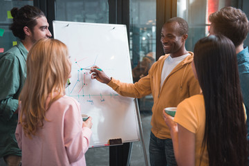 Involved in discussion. Positive multinational business team members are standing around flipchart...