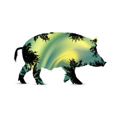 Silhouette of pig with yellow northern lights in sky and branches of trees.