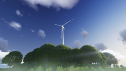 windmill power generator ontop of the hill covered with trees, against deep blue sky. rendering
