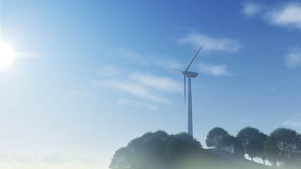 windmill power generator ontop of the hill covered with trees, against deep blue sky. rendering