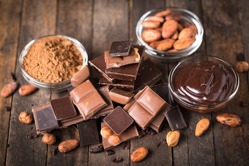 Various chocolate and cocoa on the wooden table