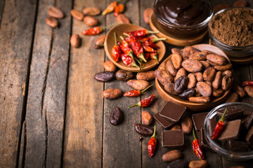 Cocoa beans and dark chocolate with chili peppers