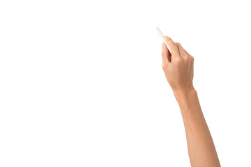 Hand holding white chalk and starting to write isolated on white background