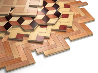 Stack ofr parquet wooden planks. Few types of wooden parquet coating.
