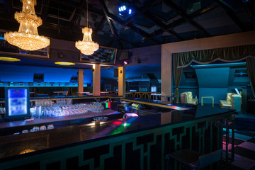 Skylight and chandeliers in lounge bar interior