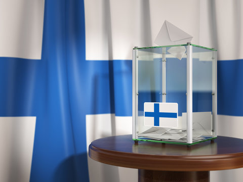 Ballot box with flag of Finland and voting papers. Finnish presidential or parliamentary election.