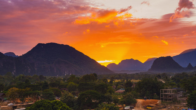 Viewpoint and beautiful sunset at Vang Vieng, Laos.
