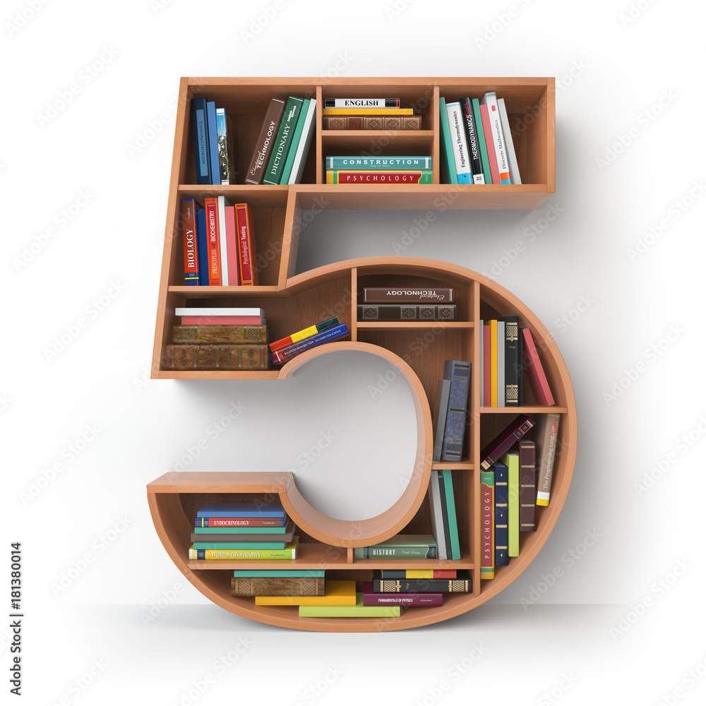 Poster number 5 five. alphabet in the form of shelves with books isolated on white.