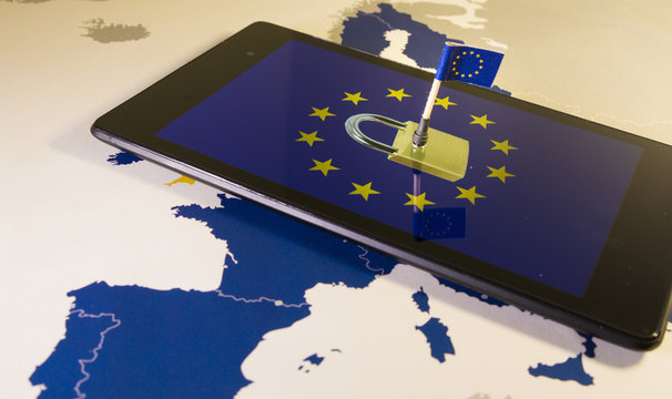 Padlock and EU flag inside a smartphone and EU map, GDPR and eprivacy metaphor