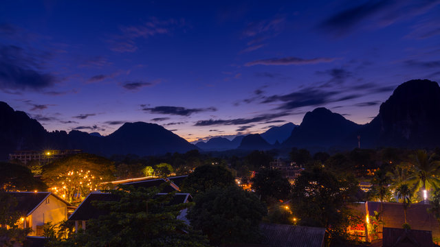 Viewpoint and beautiful night scenic at Vang Vieng, Laos.