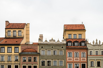 Old building ornamental facade on the old town Cloudy sky, Warsaw Poland