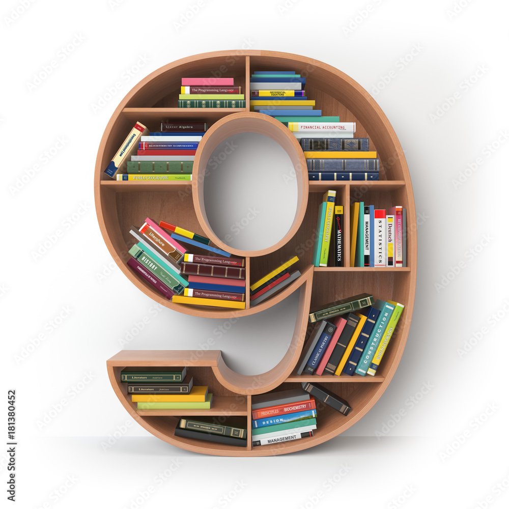 Poster number 9 nine. alphabet in the form of shelves with books isolated on white.