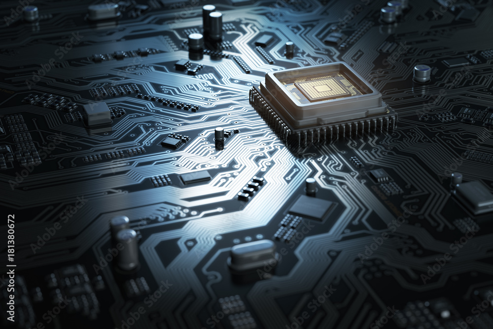 Poster Computer motherboard with CPU. Circuit board system chip with core processor. Computer technology background.