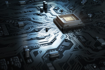 Computer motherboard with CPU. Circuit board system chip with core processor. Computer technology background.