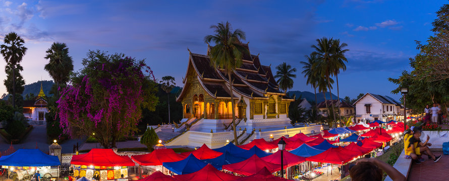 The night souvenir market in front of National museum of Luang Prabang, Laos.