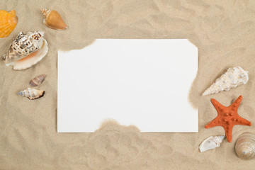 Plakat Seashells on sand with white paper in center