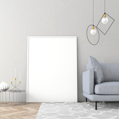 Mock up poster frame in scandinavian interior with light color wall and old parquet. 3d render