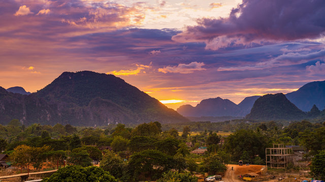 Viewpoint and beautiful sunset at Vang Vieng, Laos.