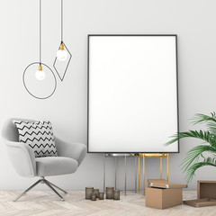 Mock up poster frame in scandinavian interior with light color wall and old parquet. 3d render