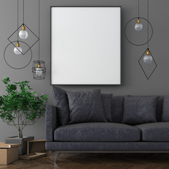Mock up poster frame in dark interior background with soft furniture, scandinavian style, 3d render