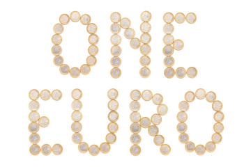 one euro written with coins, the word is made of one euro currency