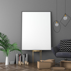 Mock up poster frame in dark interior background with soft furniture, scandinavian style, 3d render