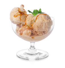 Dessert bowl with caramel ice cream on white background