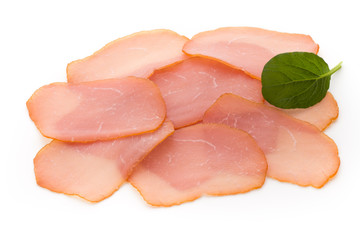 Sliced boiled ham sausage isolated on white background, top view.