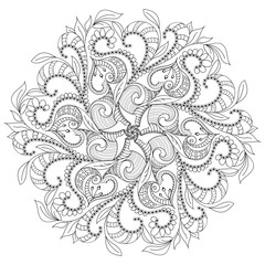circular floral monochrome pattern with six motifs, for coloring book. Vector illustration