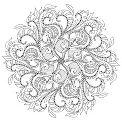 circular floral monochrome pattern with six motifs, for coloring book. Vector illustration