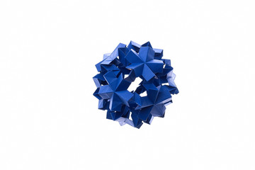 Blue paper flower on white. Beautiful spherical modular origami model. Artwork, child's creativity.