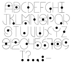 Futuristic alphabet with letters, numbers and punctuation signs. Thin line vector alphabet.