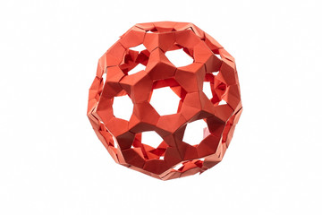 Modular ball origami model on white. Assembled of red paper units. Captivating art of folding paper.