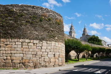 The Roman wall and the towers of the cathedral of Lugo (Galicia, Spain)