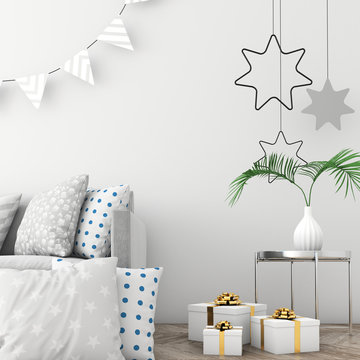 Mock up the christmas interior with xmas surroundings, 3d render