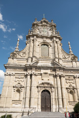 Exterior of Sint-Michielskerk (Saint Michael's Church) in Leuven, Belgium. Main entrance of St Michael's Church, Jesuit church with Baroque style facade.
