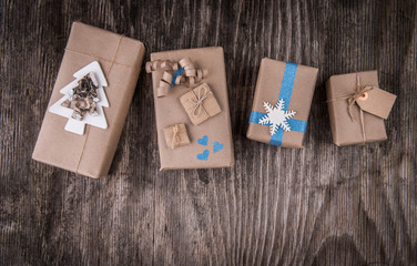 Line of creative gift boxes decorated for Christmas times