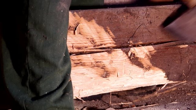 Cutting an old wooden beam with an ax that is attacked by larvae
