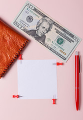 Wallet, dollars, money on the office table, red pen generating revenue, signing a contract, desk office manager, minimalism, pop art