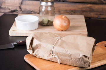 Raw Grass Fed Prime Rib Meat with Herbs, Vegetables and Spice Rub
