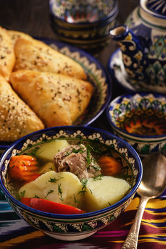 Soup with lamb and vegetables, oriental uzbek style cuisine.